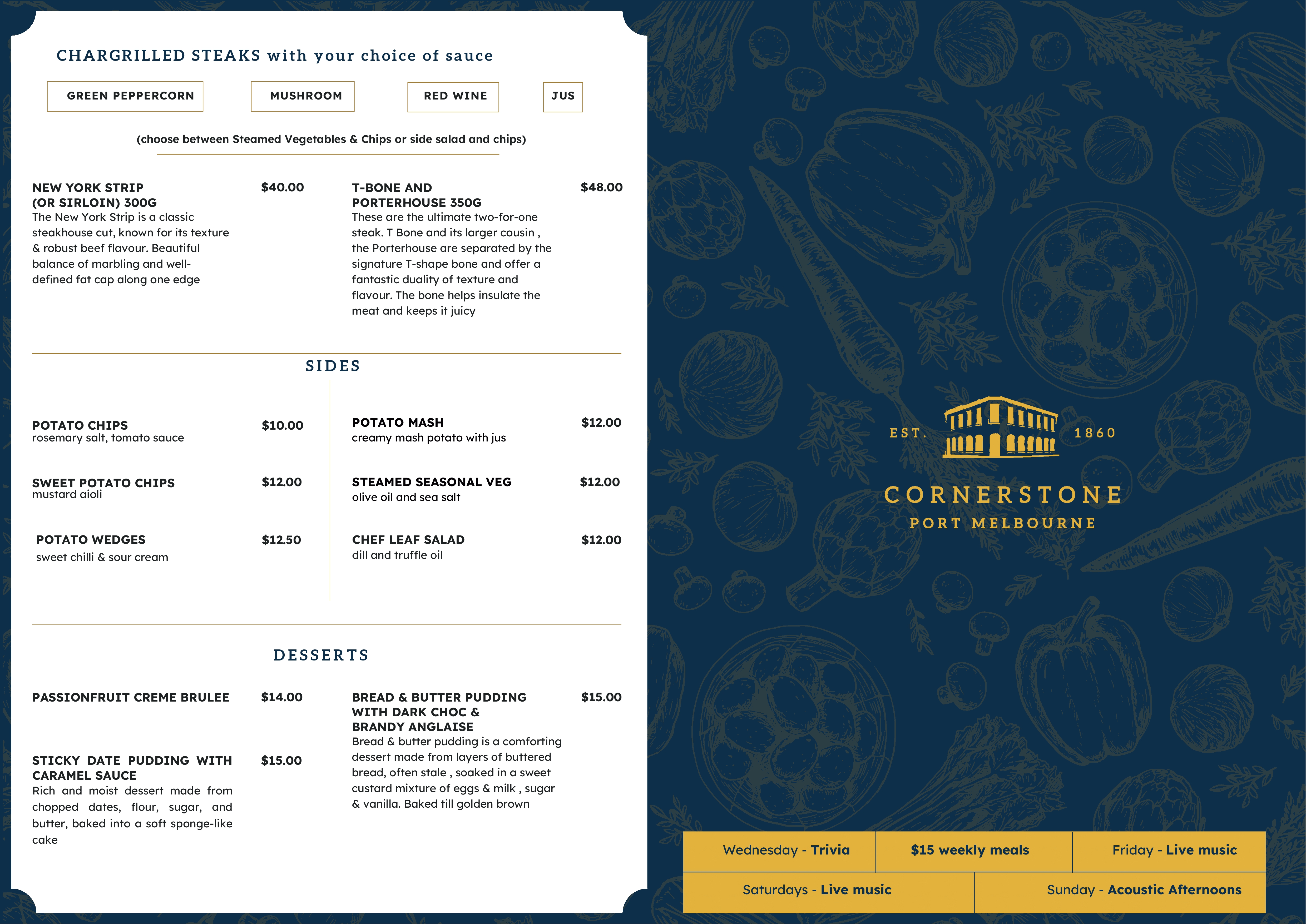 Cornerstone Pub food menu by Head Chef Stuart Russ - modern Australian pub cuisine with share plates, mains, and seasonal dishes in Port Melbourne